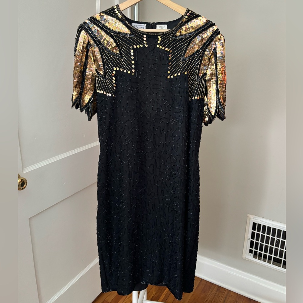 Stenay Black Midi Dress with Gold Sequin Shoulder Detail